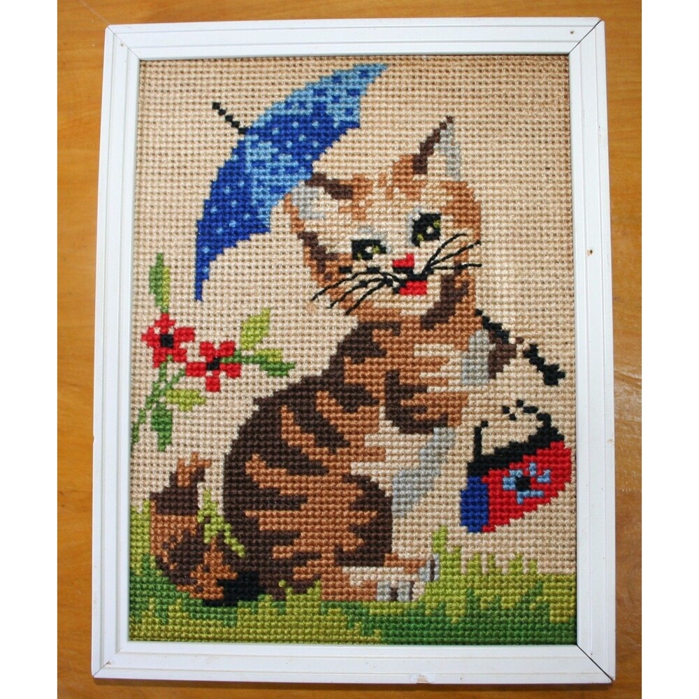 VTG 1970s Petit Point Cat Kitten w/Blue Umbrella & Bag Framed Cross Stitch 7 x 9